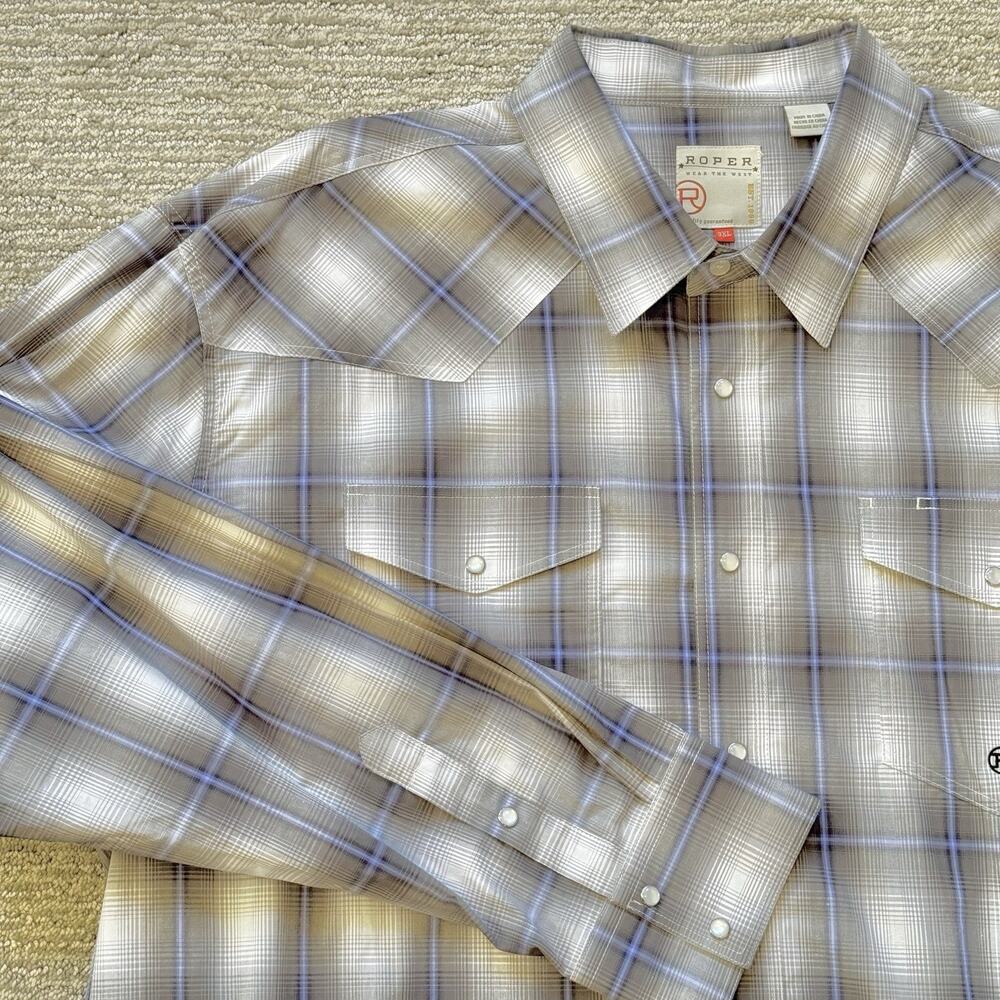 Roper Shirt Mens 3XL Gray Plaid Pearl Snap Western‎ Long Sleeve Cowboy